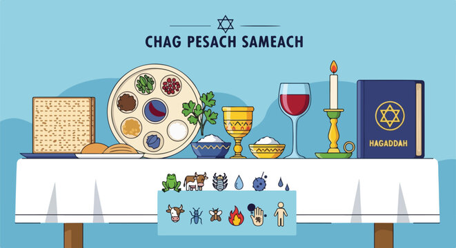 Illustration of a Passover Seder table setting with traditional items