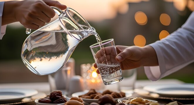 Hands pouring fresh water from a pitcher into a glass during an evening meal, possibly Iftar, with traditional food and warm lights on a set table.