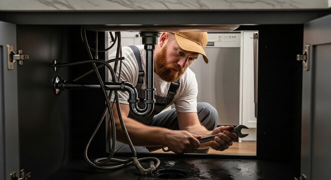Technician Repairing Dishwasher Under Kitchen Sink Installing Fixing Maintenance Service Technician Troubleshooting Appliance Repair Professional Home Kitchen Equipment Assistance