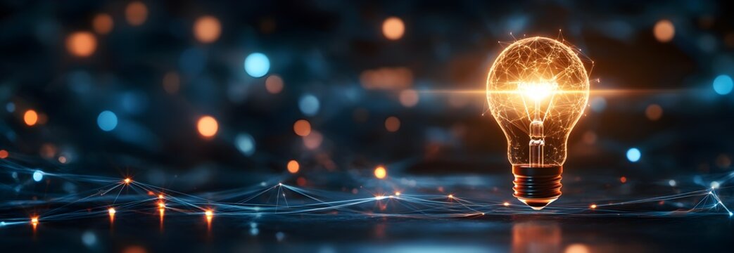 Glowing light bulb connected to digital network lightbulb