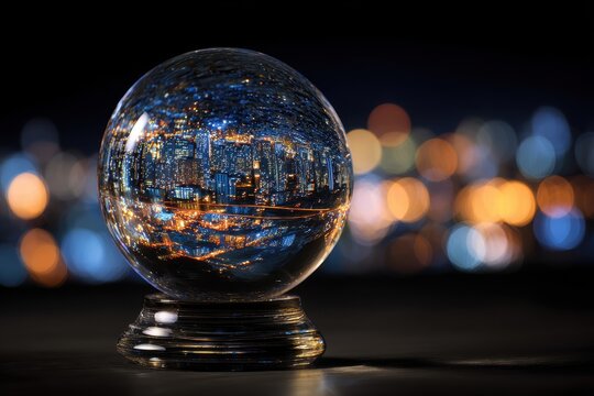 Urban Nightscape Inverted in Lensball, Vibrant Bokeh City Lights.