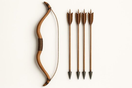 A wooden bow and arrow on a white background.