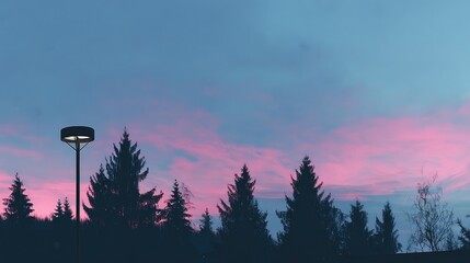 Silhouette of Pine Trees and Streetlight Against a Pink and Blue Sunset Sky.