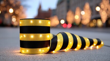 Striped Holiday Lights Decoration on Pavement.