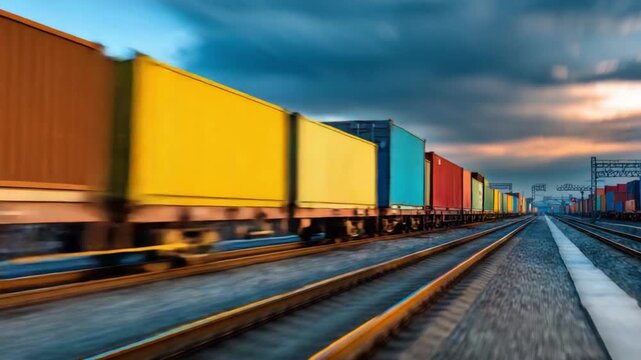 Freight Train on Tracks: A dynamic freight train, adorned with vibrant cargo containers, streaks along parallel tracks under a dramatic, cloud-filled sky, symbolizing efficient transport.