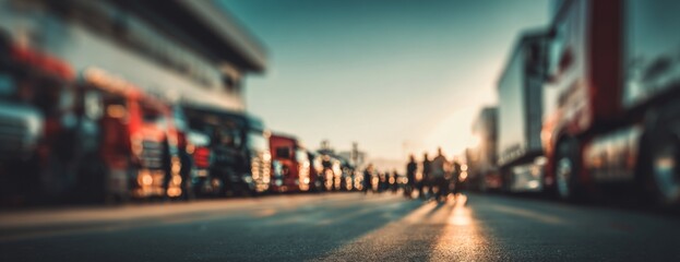 Obraz premium Workers walking in a truck yard with parked trucks in sunlight 