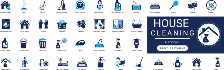 house cleaning icon set home, service, hygiene, broom, vacuum cleaner, sponge, sanitize, wash, sweep, mop, detergent, vacuum, bucket, home cleaning, maid professional vector set editable © Iconova Studio