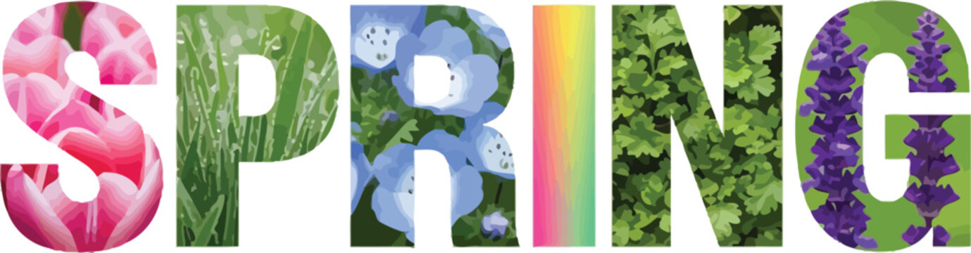 SPRING word art with letters filled with vibrant spring elements like pink tulips, green grass, blue flowers, and purple lavender against a clean white background.