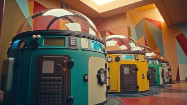 A 1960s retro-futuristic cosmodream chamber with bulky colorful stasis pods and analog gauges under warm optimistic lighting on a geometric pattern, concept of optimistic space age retrofuturism