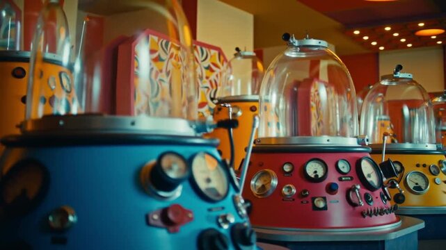 A 1960s retro-futuristic cosmodream chamber with bulky colorful stasis pods and analog gauges under warm optimistic lighting on a geometric pattern, concept of optimistic space age retrofuturism
