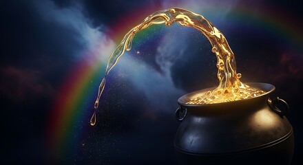 Obraz premium Pot of gold overflowing with liquid gold, with a vibrant rainbow arcing in the background under a dramatic stormy sky.