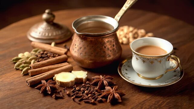 Traditional Masala Chai Spices and Brew on a Dark Wooden Table