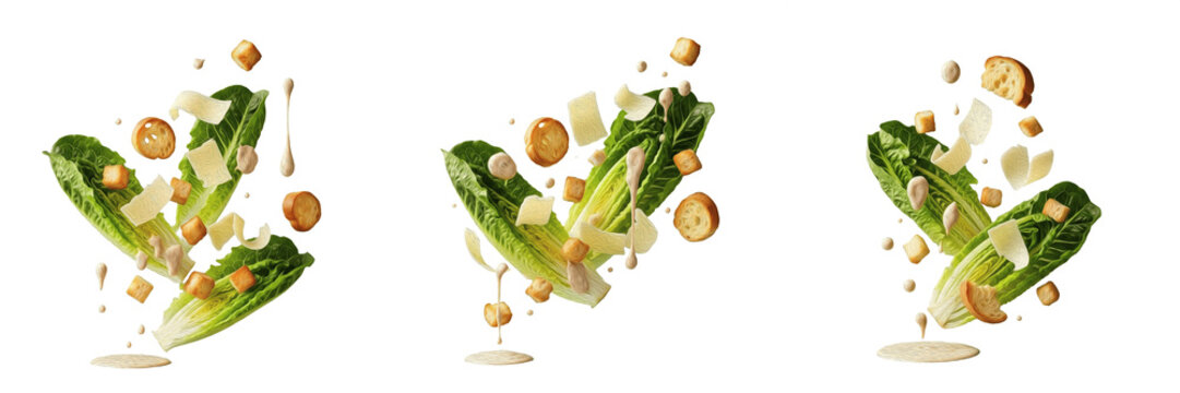Set of three flying Caesar salad compositions with romaine lettuce, crunchy croutons and parmesan cheese flakes isolated on white background