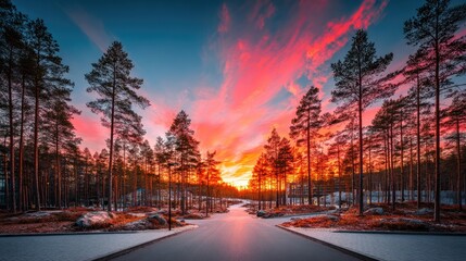 Sunset over the forest and frozen lake.