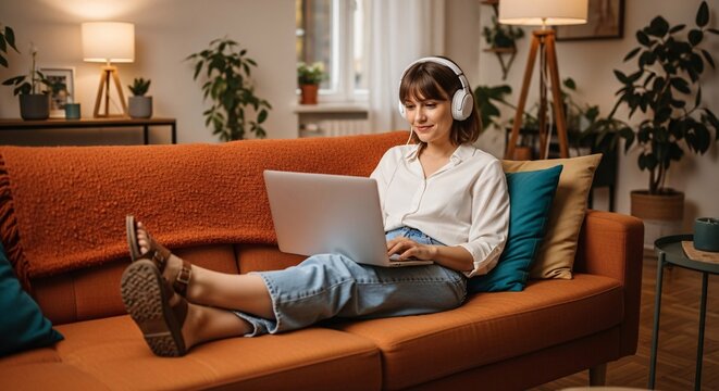 Young woman relaxing on sofa using laptop in cozy living room with plants and warm lighting for remote work or leisure activities