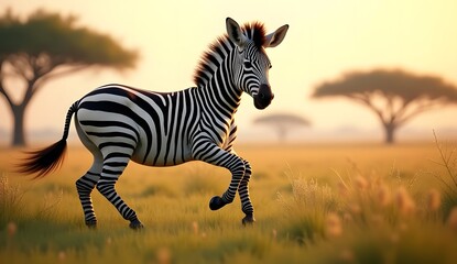 A zebra runs in a sunlit savannah, its stripes contrasting with blurred acacia trees.