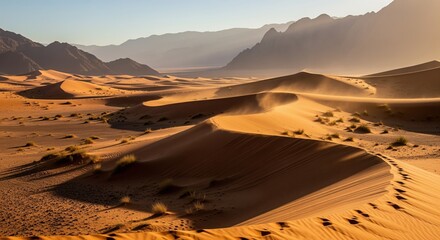 Golden sand dunes roll across a vast desert landscape with dramatic mountain peaks rising in the distance. Warm sunlight casts long shadows over the arid wilderness, creating a stunning scene.