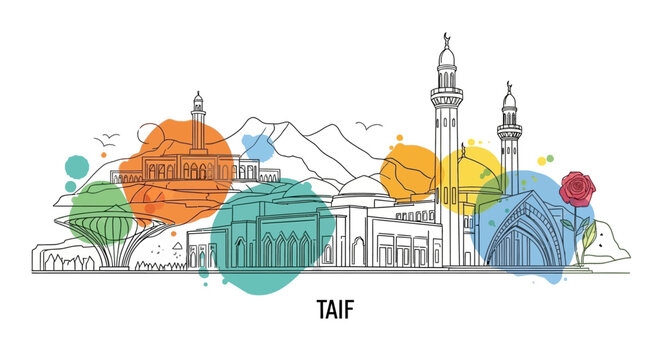 Illustrative Action Scene of Taif City Landmarks in Vibrant Colors