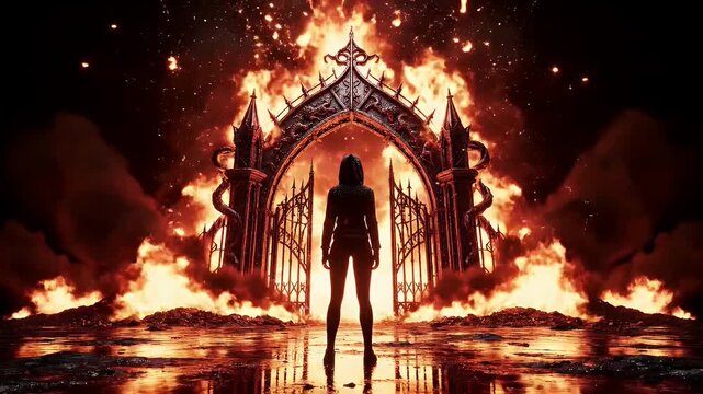 Silhouette of a Woman Standing Before the Burning Gates of Hell.