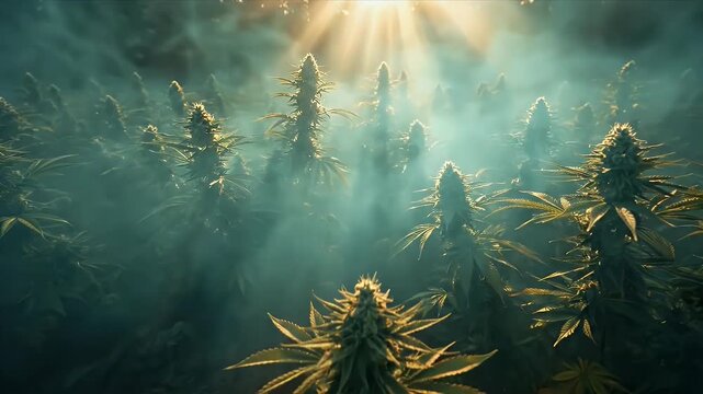 Sunlit Marijuana Field with Morning Mist and God Rays.