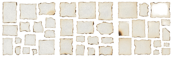 Fototapeta premium : Collection of Old Burnt Paper Sheets with Scorched Edges, Vintage Parchment Paper Scraps for Scrapbooking and Retro Design on White Background