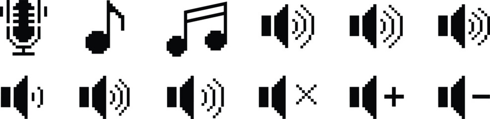 Retro pixel art audio icons set, microphone, music notes, speaker volume levels, mute, sound control, media player interface © Ashik World