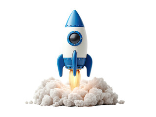 Blue and white cartoon rocket blasting off, smoke billowing, against black