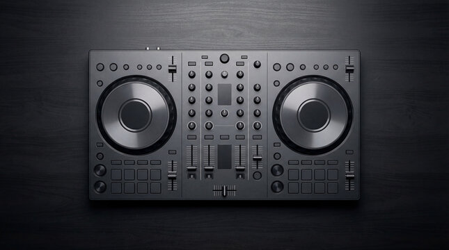Top-down flat lay view of a generic DJ controller on a dark table surface