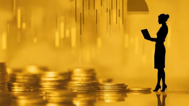Financial Visionary: A silhouette of a businesswoman engrossed in financial analysis, standing tall near a stack of gold coins, symbolizes astute financial acumen and ambition