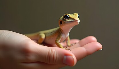 A bright yellow gecko with large eyes perched on a hand.