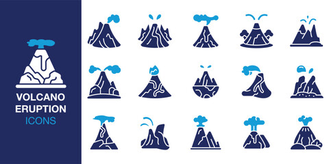 Volcano Eruption icon set. Containing plume, crater, mountain, explosion, burst, blast and more. Solid vector icons collection. Vector illustration. © Vactory_Icons