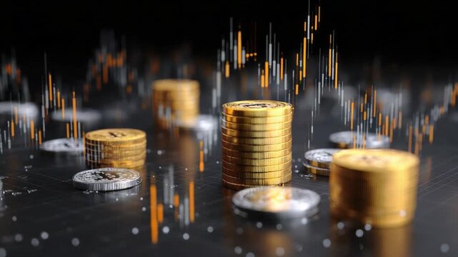 Financial Growth: Stacks of gleaming coins are featured against a backdrop of financial charts, symbolizing monetary success and market trends.