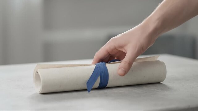 Hand Places Rolled Diploma Tied With Blue Ribbon