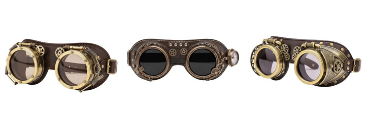 : Vintage Steampunk Goggles with Brass Gears and Leather Strap, Retro Victorian Industrial Eyewear for Cosplay and Fantasy Costume on White Background © Rama