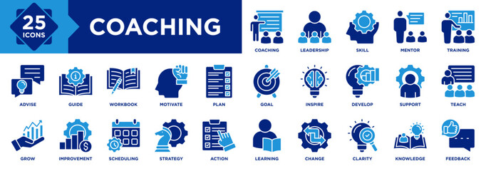 Coaching icon set collection. Icon pack contains leadership, skill, mentor, guide, Training, teach, support, advise, grow, inspire, goal, plan, motivate, action