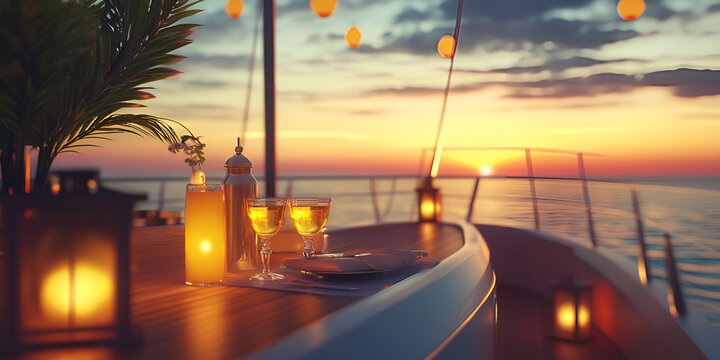 Sunset Yacht Party Setup With Drinks and Lanterns on Deck