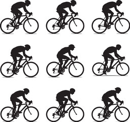 Naklejka premium Cycling man silhouette riding bicycle in various positions on white background