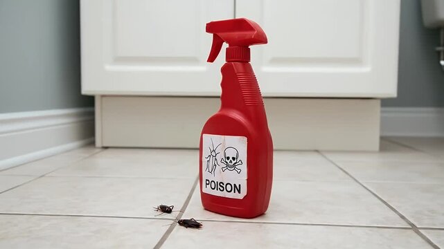 Red poison spray bottle used for pest control with dead cockroaches on a tiled floor.