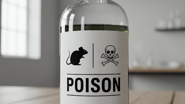 A clear glass bottle of rat poison sitting on a wooden table.
