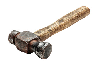 Heavily-used ball-peen hammer with a worn wooden handle on a dark background