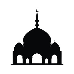 Silhouette of mosque with crescent moon and star on top silhouette vector illustration, minimal mosque with dome and minaret silhouette vector illustration © MdShahriar