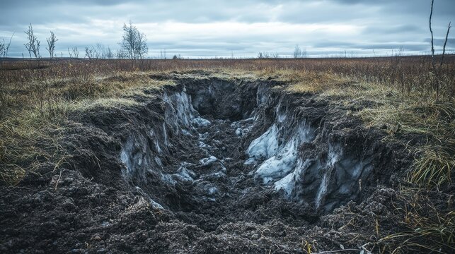 Dramatic permafrost thaw causing a large ground collapse and revealing icy layers in a natural landscape