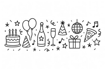 Hand-drawn party and celebration doodle elements set on white background