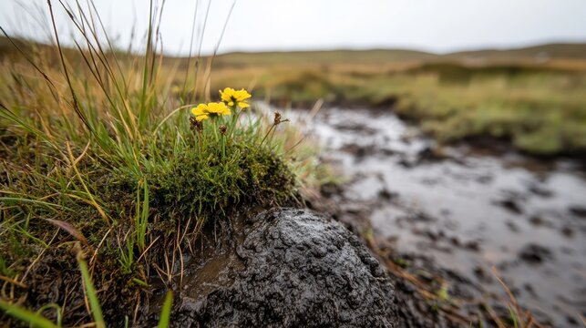 Delicate yellow wildflowers push through damp earth beside a muddy stream in a desolate landscape