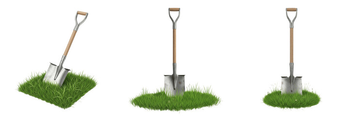 Set of gardening shovels stuck in green grass isolated on white background, spade tools for landscaping and backyard work, gardening concept © Rama