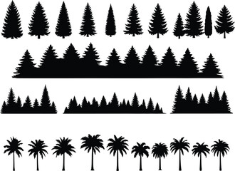 Fototapeta premium Mega Tree Silhouettes Pack, Tropical Palm Pine and Forest Border Vector Elements
