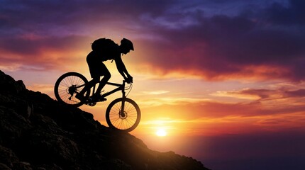 Obraz premium Silhouette of mountain biker riding downhill on rocky trail at sunset with colorful sky adventure sports concept
