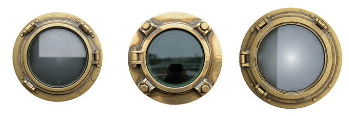 Obraz premium Set of vintage brass ship portholes isolated on white background, antique bronze nautical window frames, maritime decorative elements
