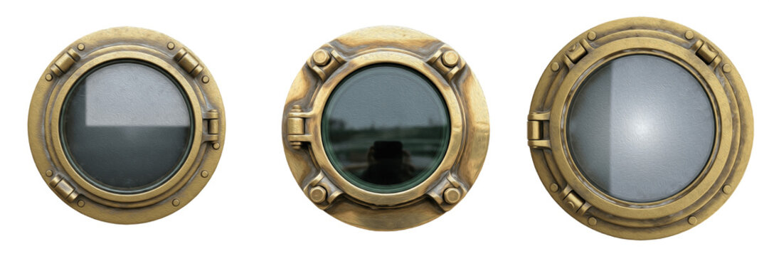Set of vintage brass ship portholes isolated on white background, antique bronze nautical window frames, maritime decorative elements
