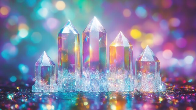Interlocking geometric prisms of clear faceted crystal with rainbow light reflections and bokeh background